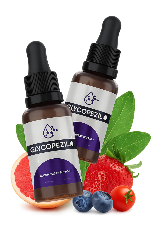 Two bottles of Glycopezil blood sugar support drops surrounded by fruit
